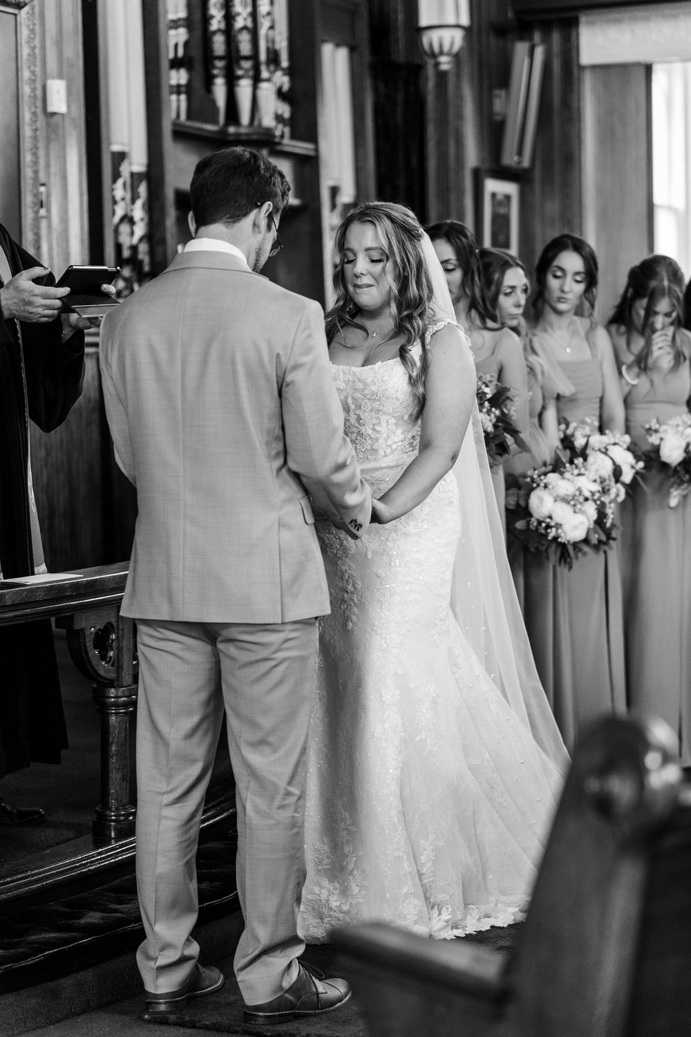 Black and white collage of wedding moments showing formal attire, bridal party, and candid ceremony details.