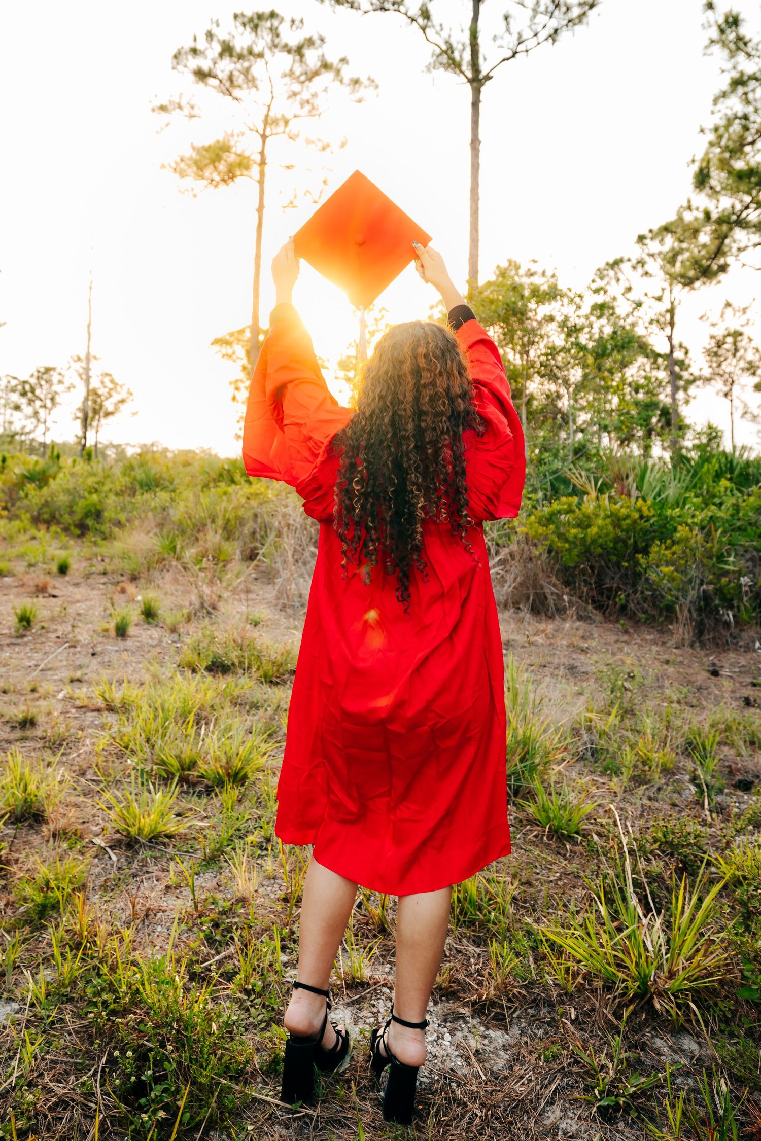 Woman in flowing red dress stands against desert landscape with scattered vegetation at sunset.