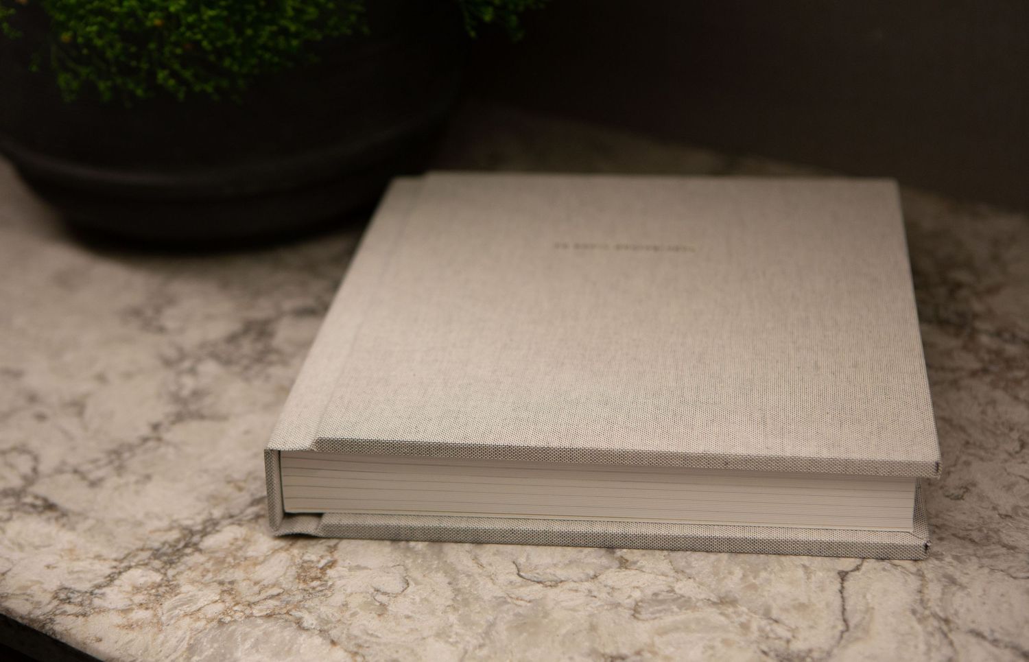 Gray hardcover books with embossed text cast shadows on a rich brown leather surface in natural lighting.