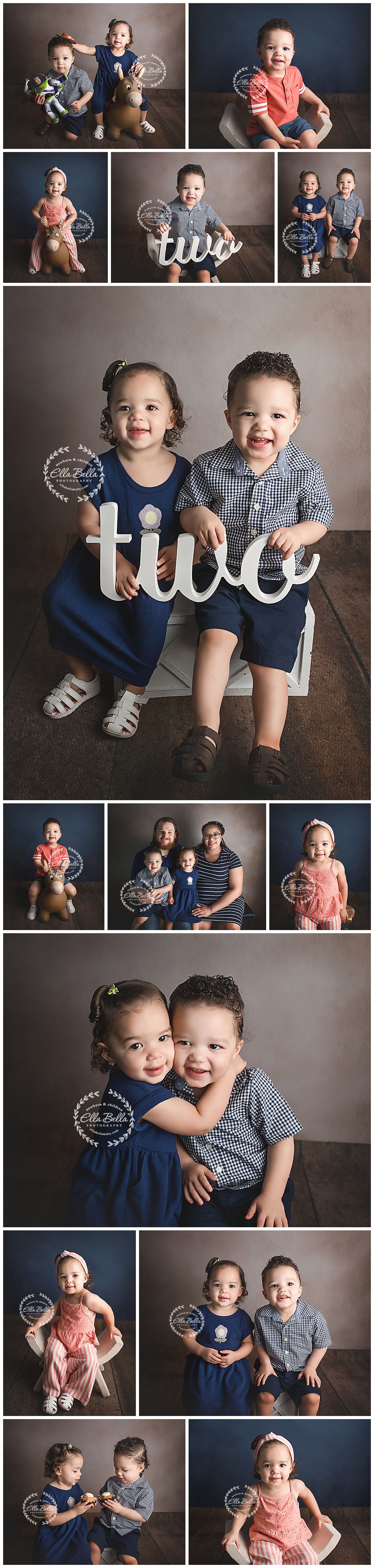 Adorable toddler photo collage featuring young siblings in coordinating navy blue and coral outfits with a 'two' prop.