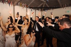 Celebration at wedding reception with crowd dancing and raising hands under decorative flags.