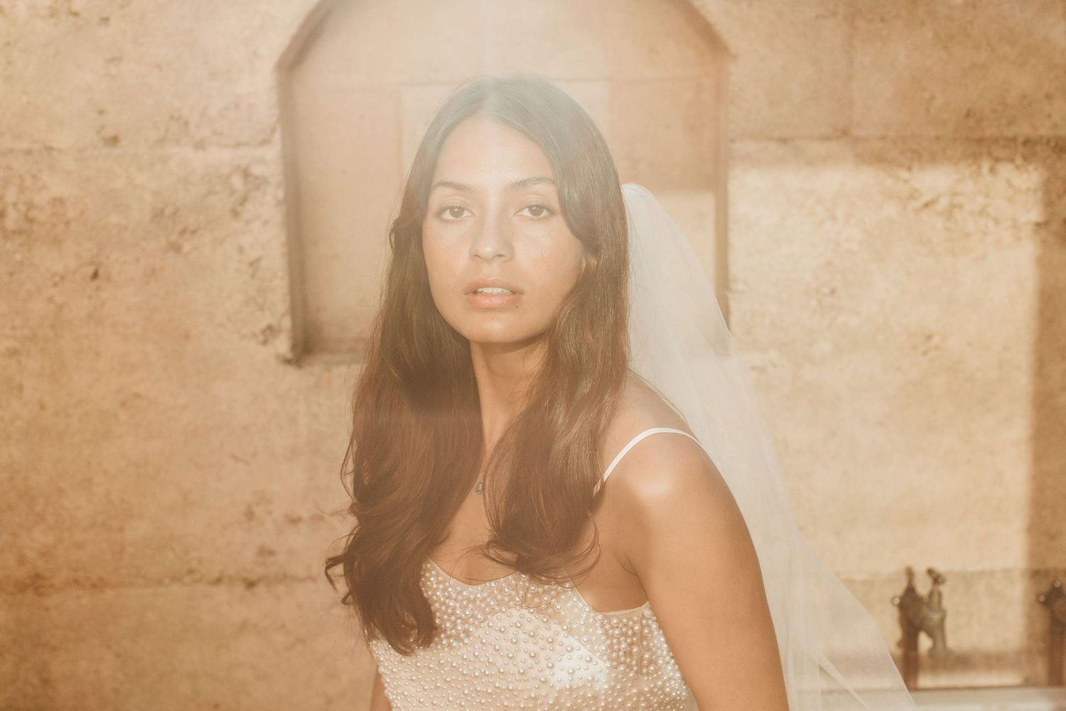 A dreamy sepia-toned portrait of a woman in a lace dress against a stone wall.