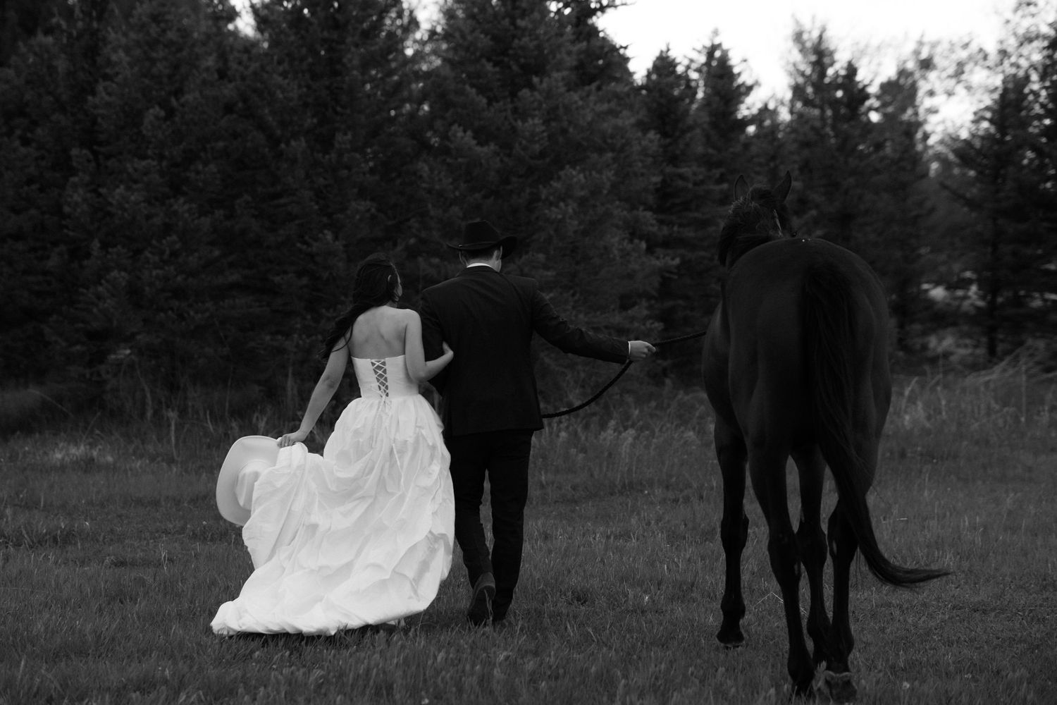 A newlywed couple in formal attire stands with a black horse in a field at dusk.