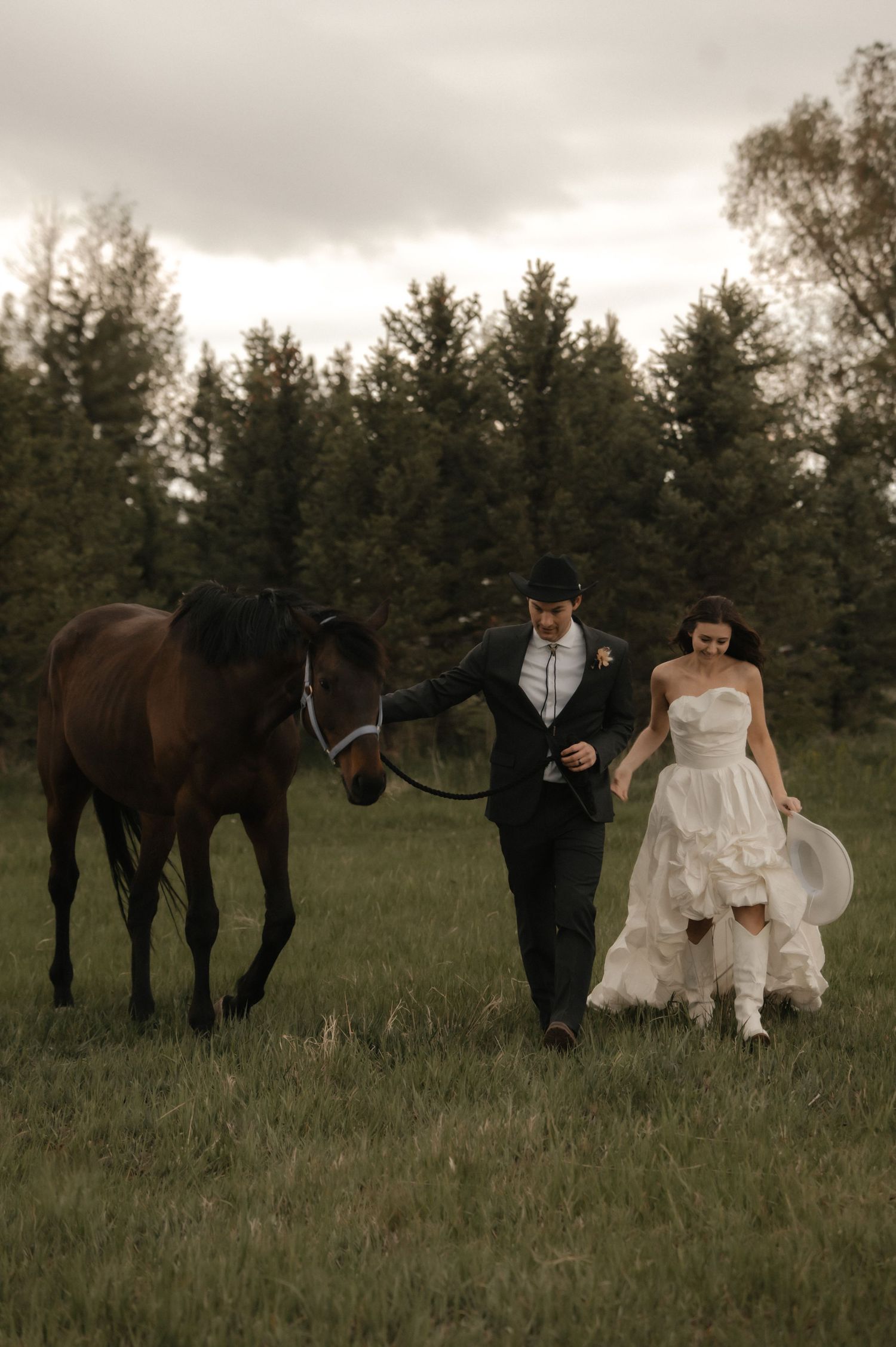 A couple in wedding attire poses with a brown horse in a scenic field with evergreen trees.