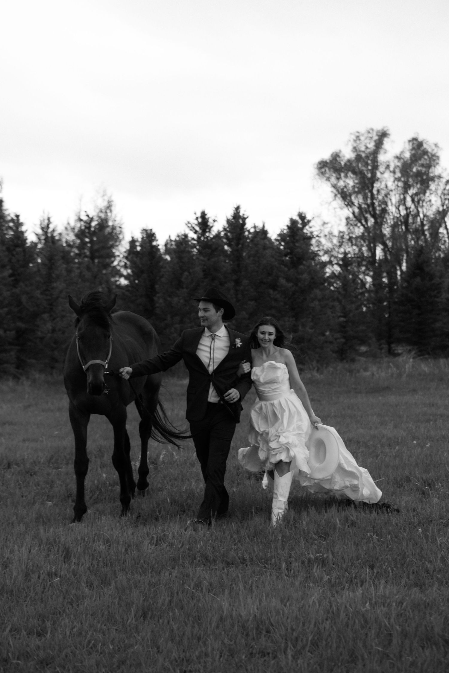 Black and white wedding party photos with a bridal dress and silhouettes of people in a grassy field.