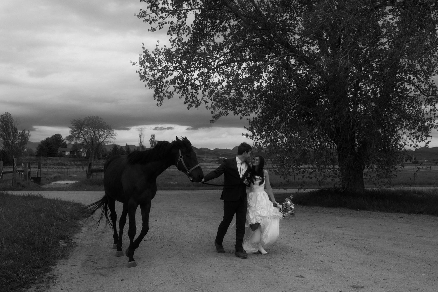 A joyous couple walks on a path amidst backlit trees with dramatic storm clouds overhead creating a romantic silhouette.