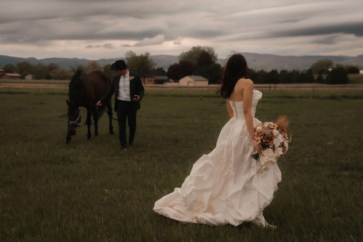 A dreamy wedding scene in a countryside field with mountains and moody clouds in the background.