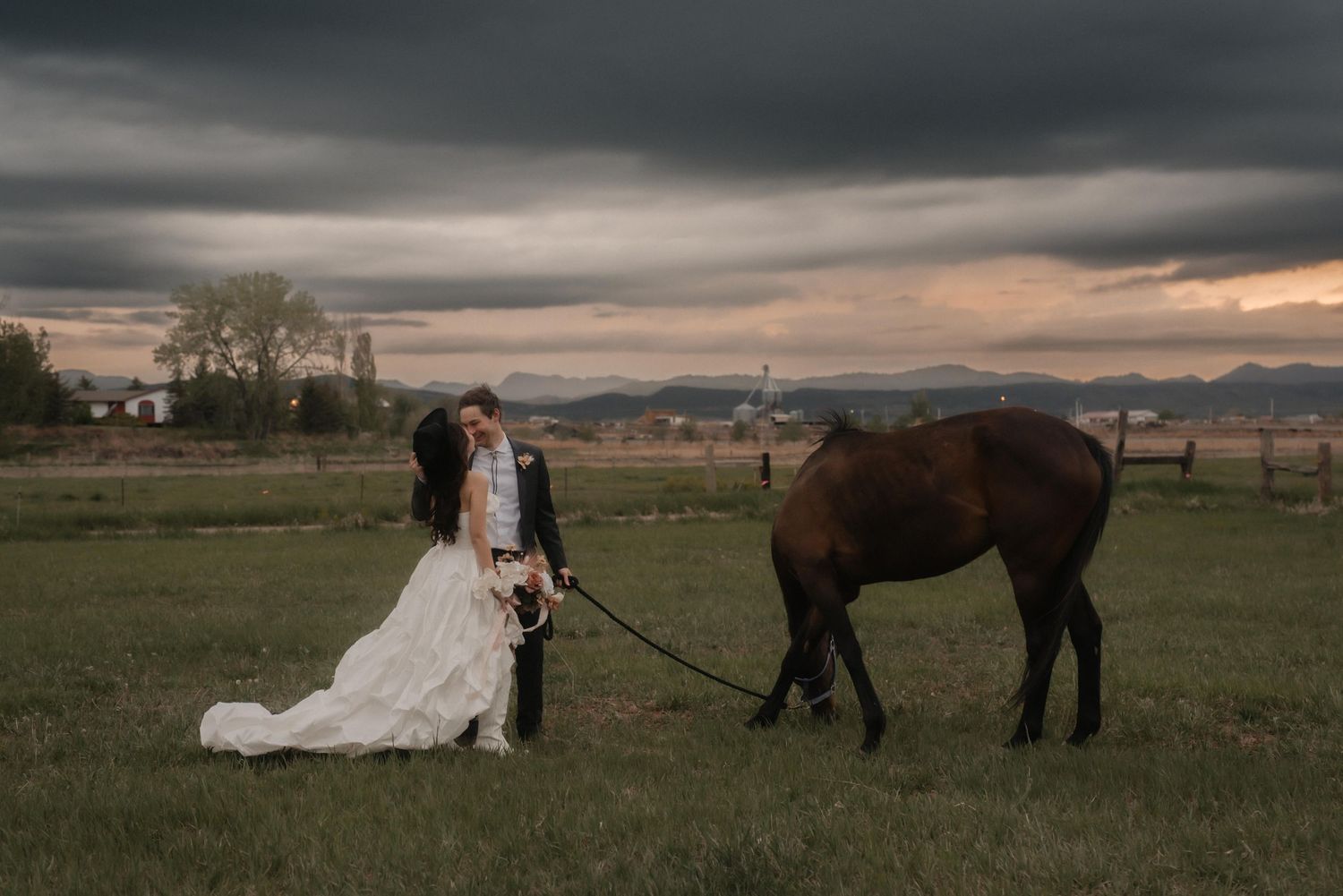 Wide landscape shot of newlyweds and horses in field against dramatic stormy sunset sky.