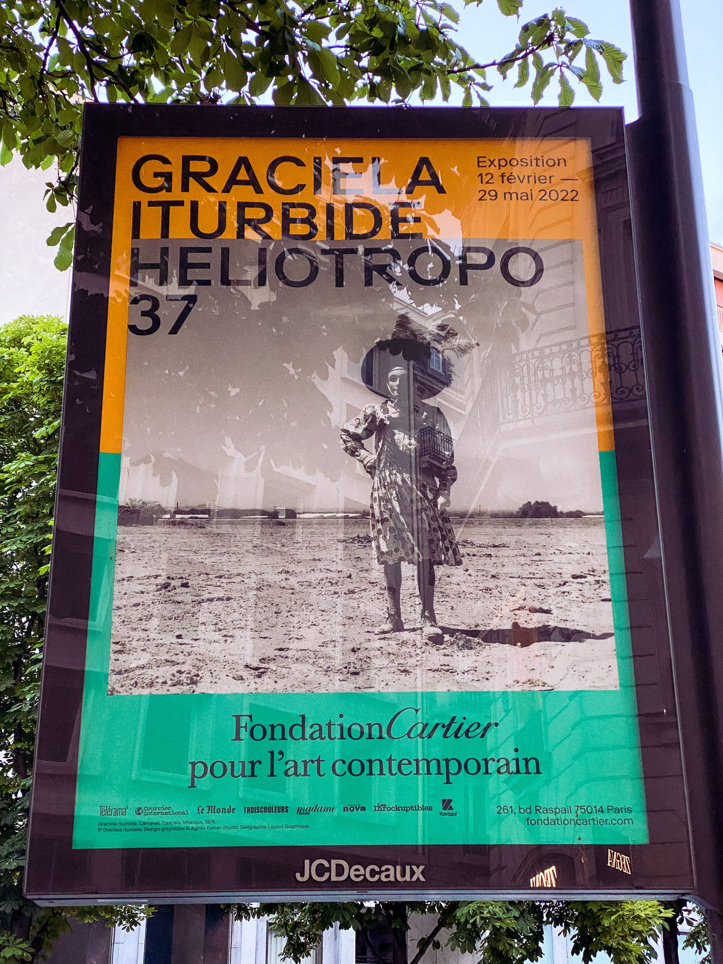 Series of vintage black and white photography exhibition posters displayed outdoors with green borders.