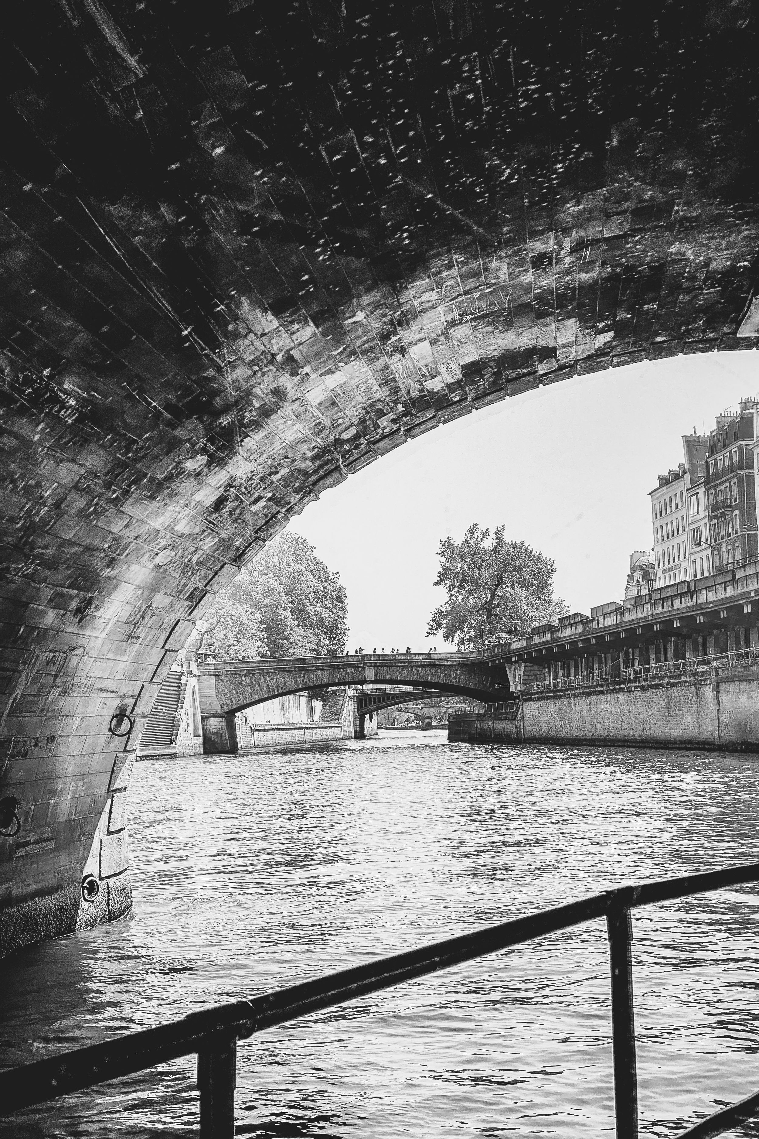 Black and white view under bridge arch showing Seine River and historic architecture in Paris, France.