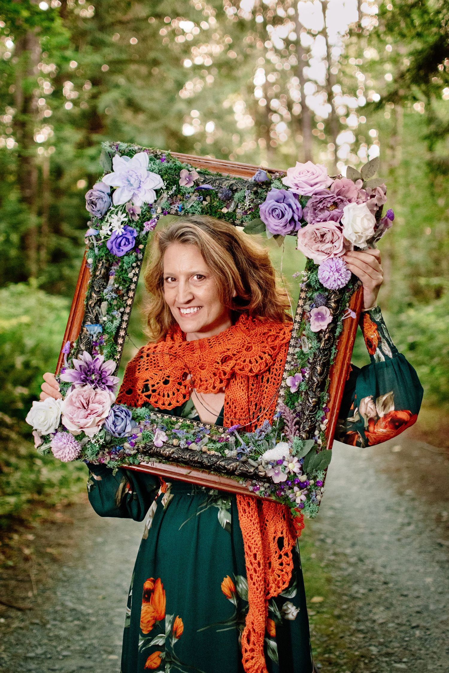 Model styled with crochet shawl during forest photoshoot in Monroe WA.