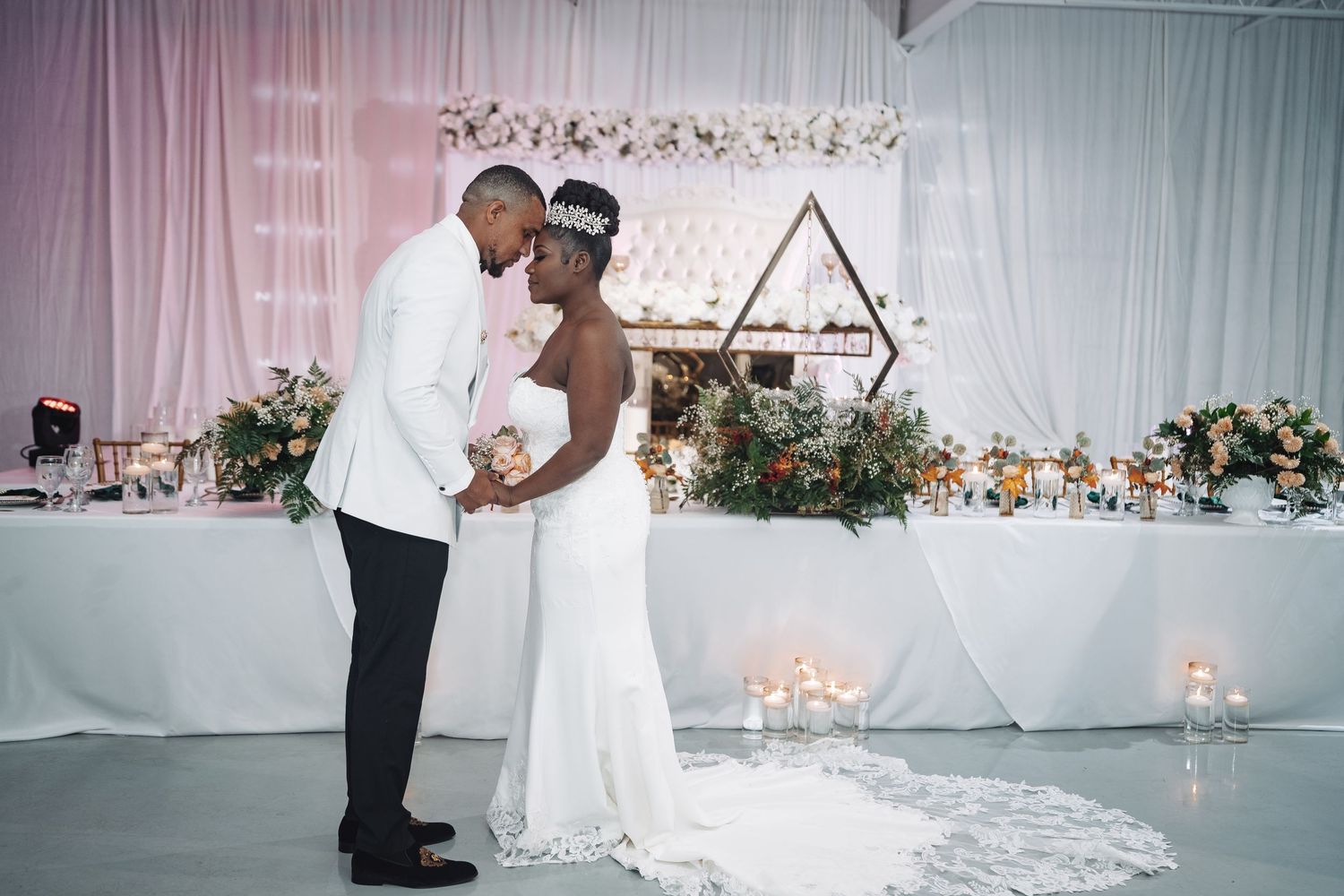 Romantic photo sequence shows a bride and groom sharing tender moments at their wedding ceremony.