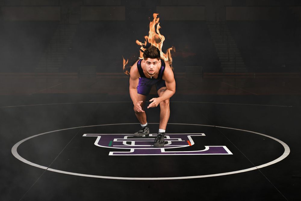 Sequence of photos showing wrestling moves and stances performed inside a white circular ring on a dark surface.