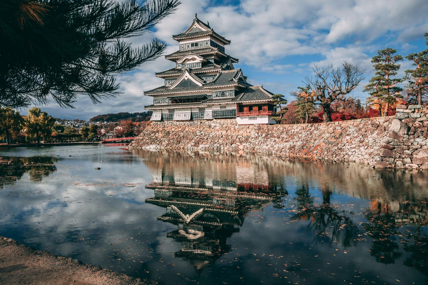 Cherry blossoms frame panoramic view of traditional Japanese castle overlooking tranquil lake under cloudy skies.