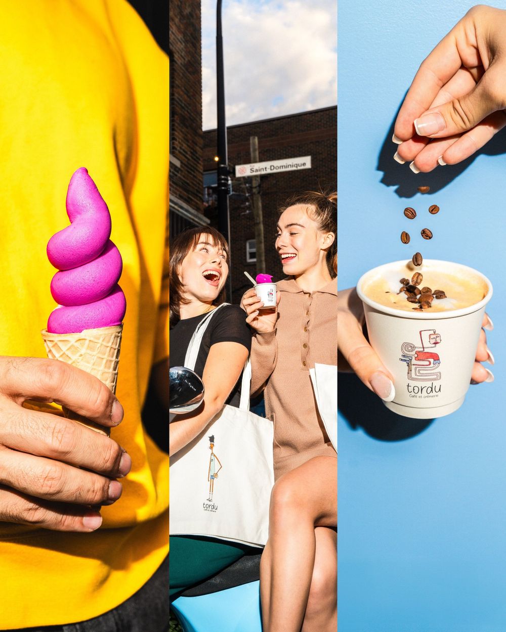 Brand lifestyle collage featuring pink ice cream, coffee drinks, and customers with tote bags. Mtlshutter photography