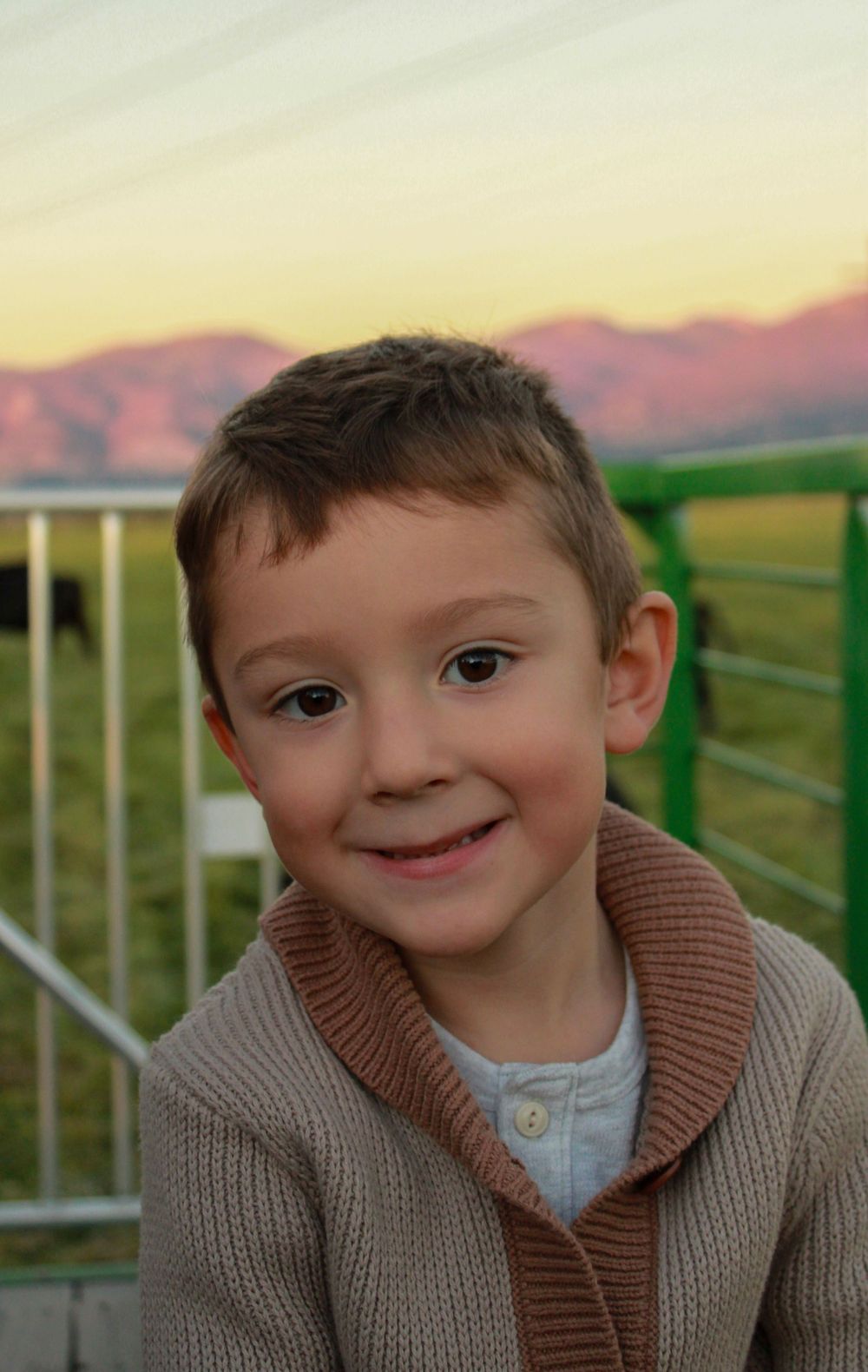 Young boy in beige sweater smiles at camera with sunset mountains in background.