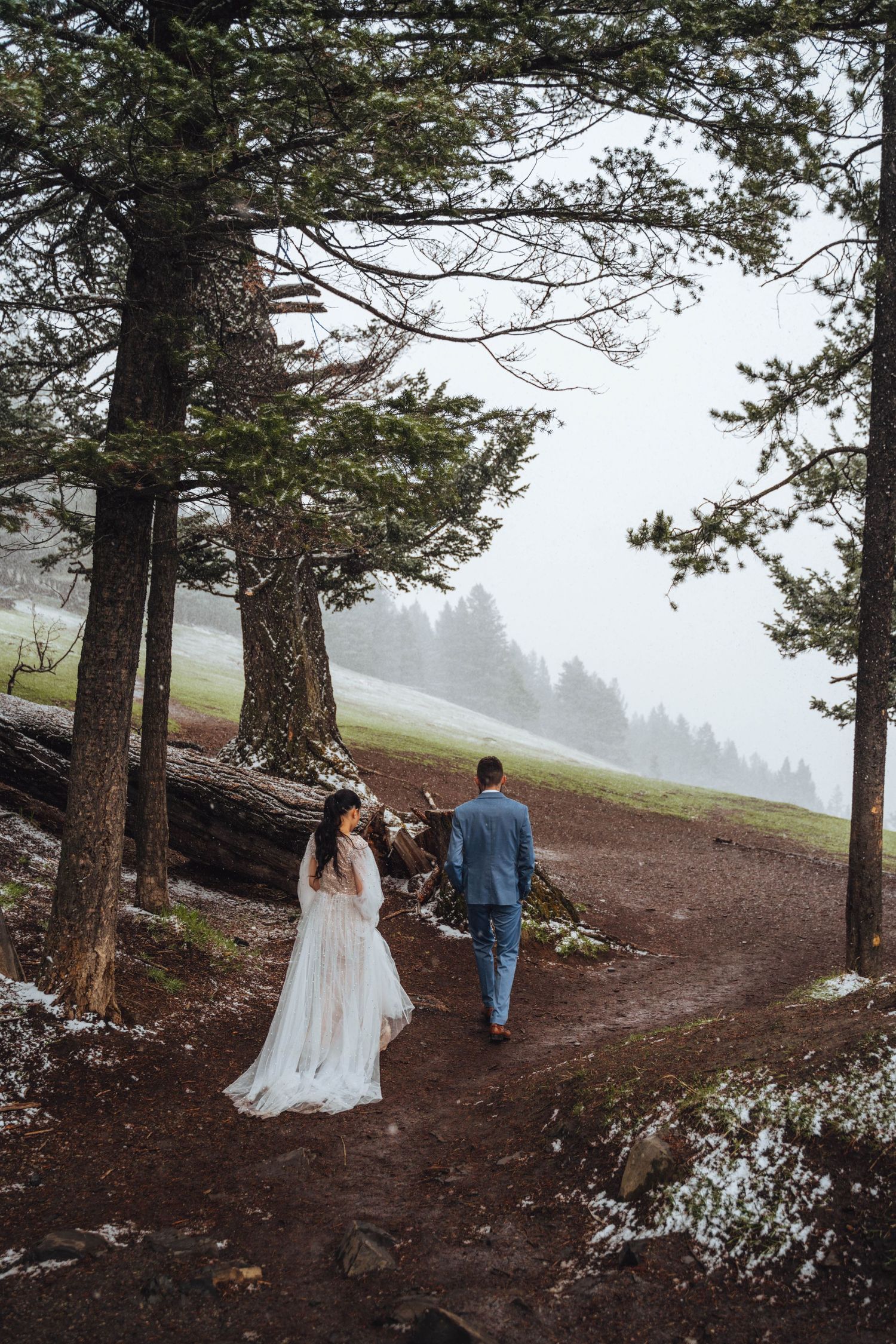 Bride and groom walking into the trees in the snow. Banff winter wedding.