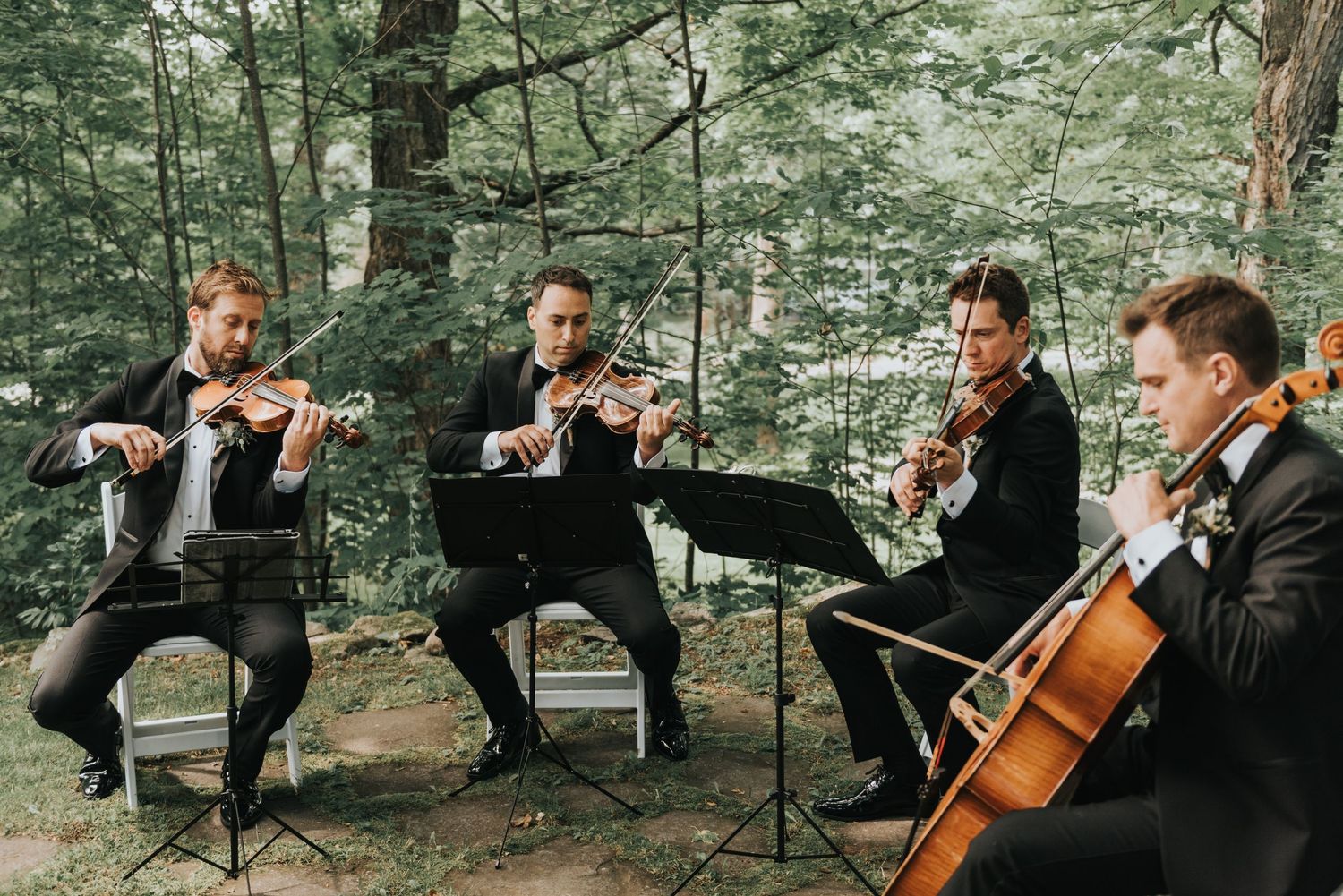 A string quartet performs outdoors in a forest setting with musical instruments and music stands.