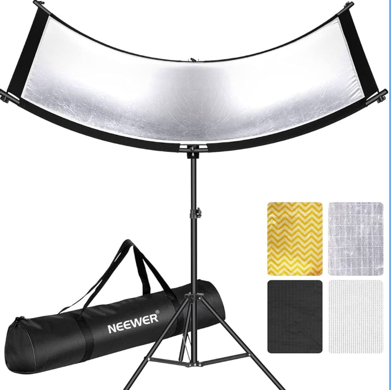 Curved photography reflector with adjustable stand, carrying case, and colored fabric panels for studio lighting setups.