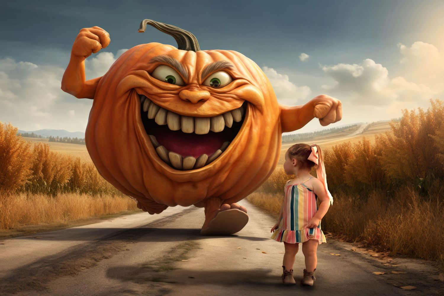 Creative photo series with giant pumpkin background  on a rural country road at sunset.