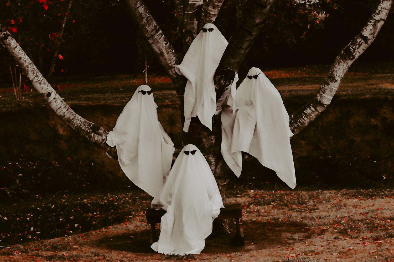 Four ghost costumes arranged artistically among autumn trees in a haunting scene.