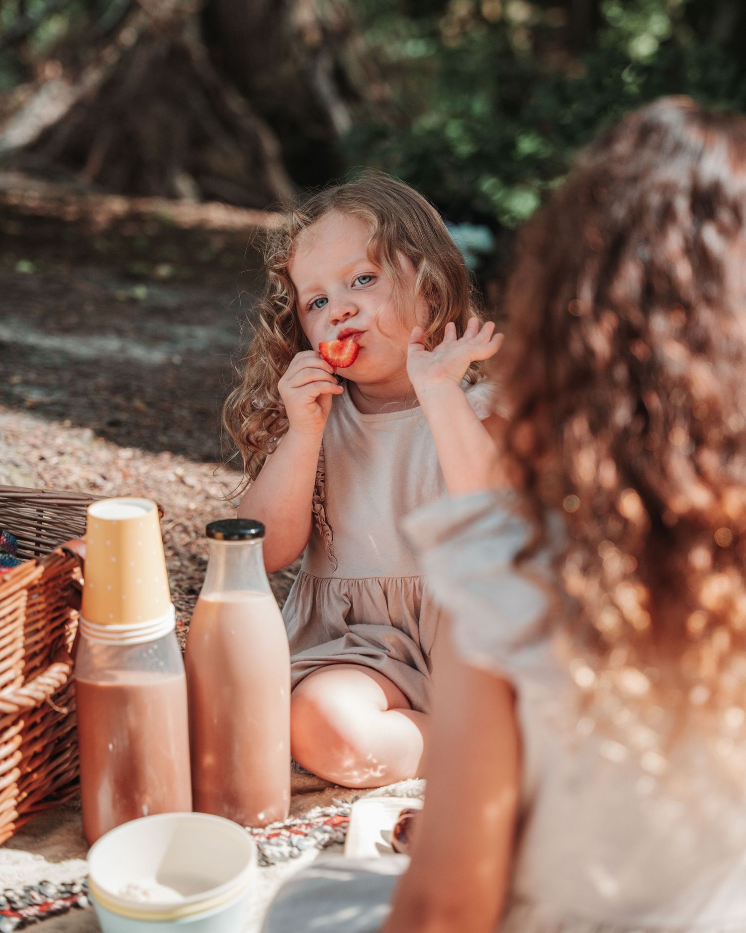 Family enjoying outdoor picnic with milk bottles and basket.