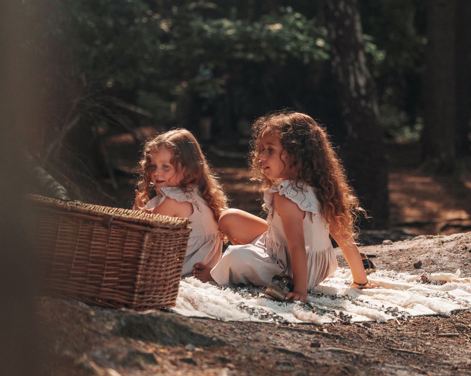 Picnic scene with wicker basket on blanket in forest setting.