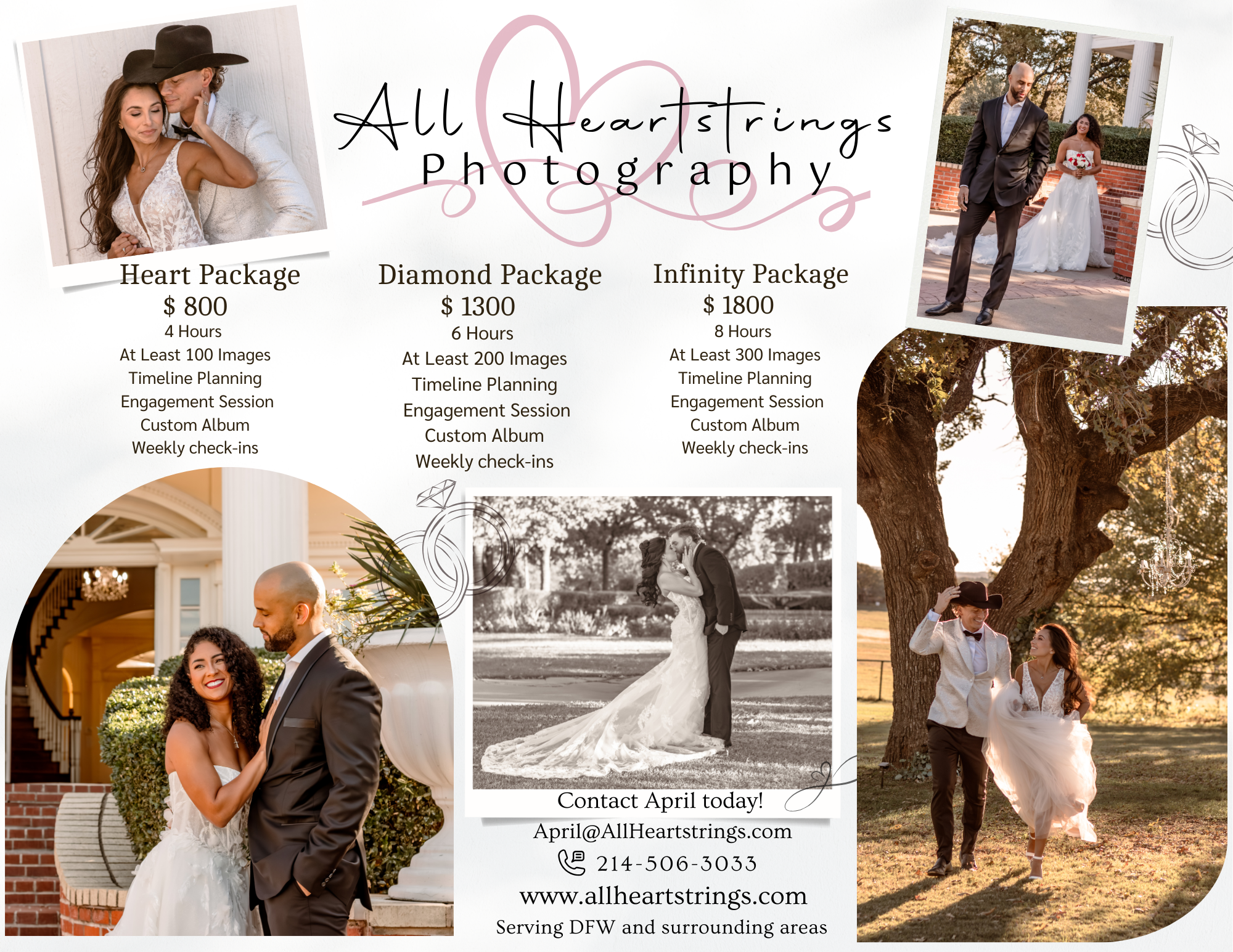 Wedding photography pricing guide showing package options and sample photos.