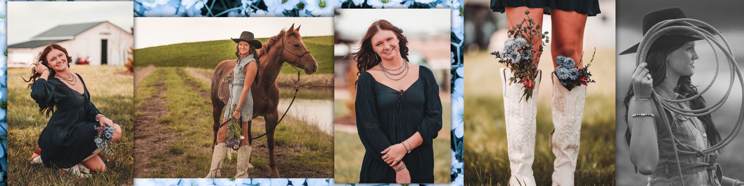 A diverse collection of outdoor portrait photography featuring rustic and natural settings with moody lighting effects.