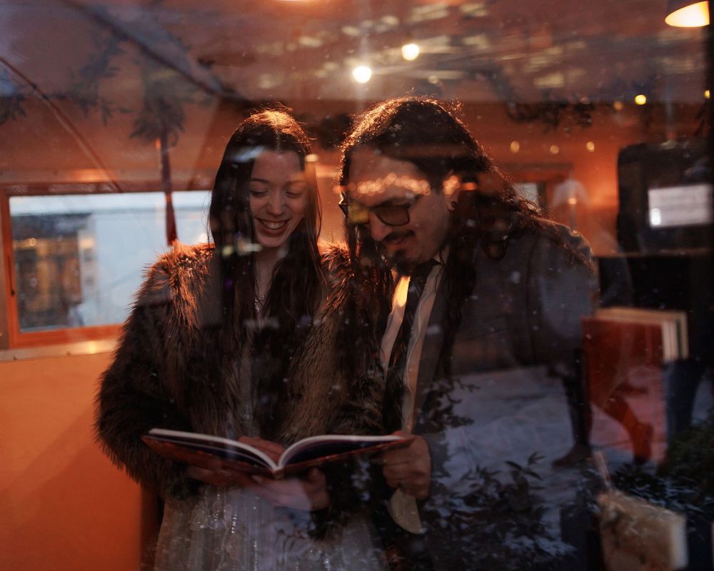 A series of candid photos showing people enjoying an evening gathering in warm, ambient lighting.