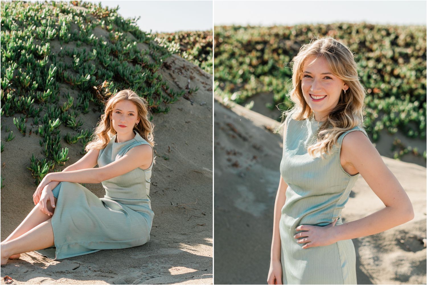 central coast senior session at Morro rock in Morro Bay for Cal Poly senior grad session | Senior in light green dress sitting in sand
