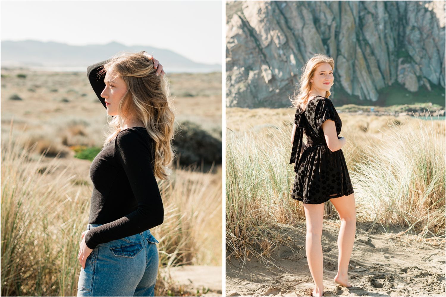 black romper for senior photos with Morro Rock in the background. beach senior photos for Cal Poly grad session | San Luis Obispo senior