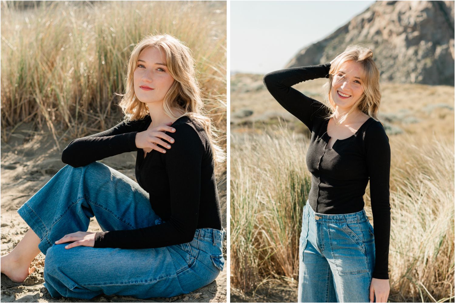 casual outfit for senior photos with Cal Poly grad in jeans and black long sleeve shirt San Luis Obispo senior photographer