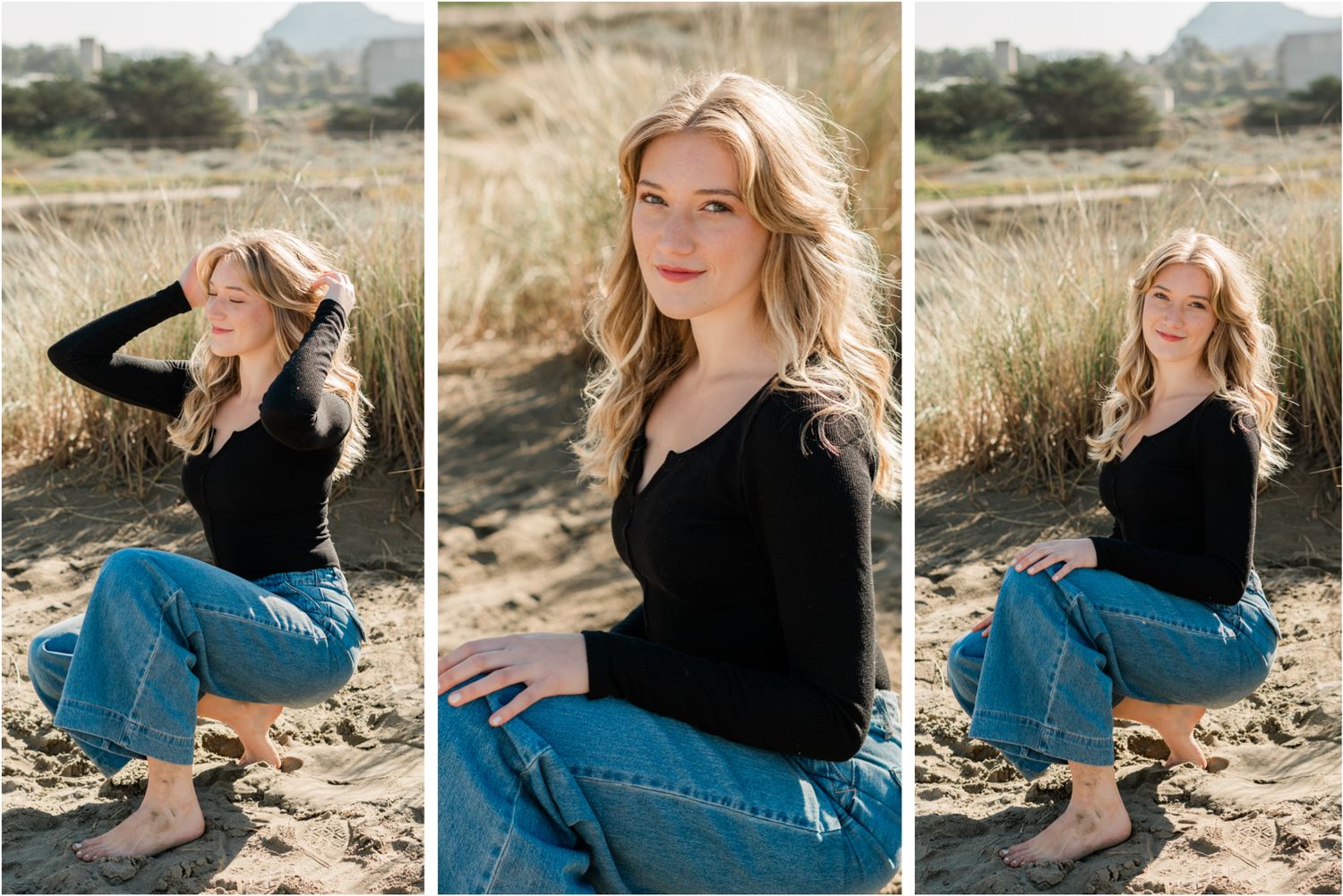 cal poly senior in black shirt and jeans barefoot in the sand at Morro bay for senior session.