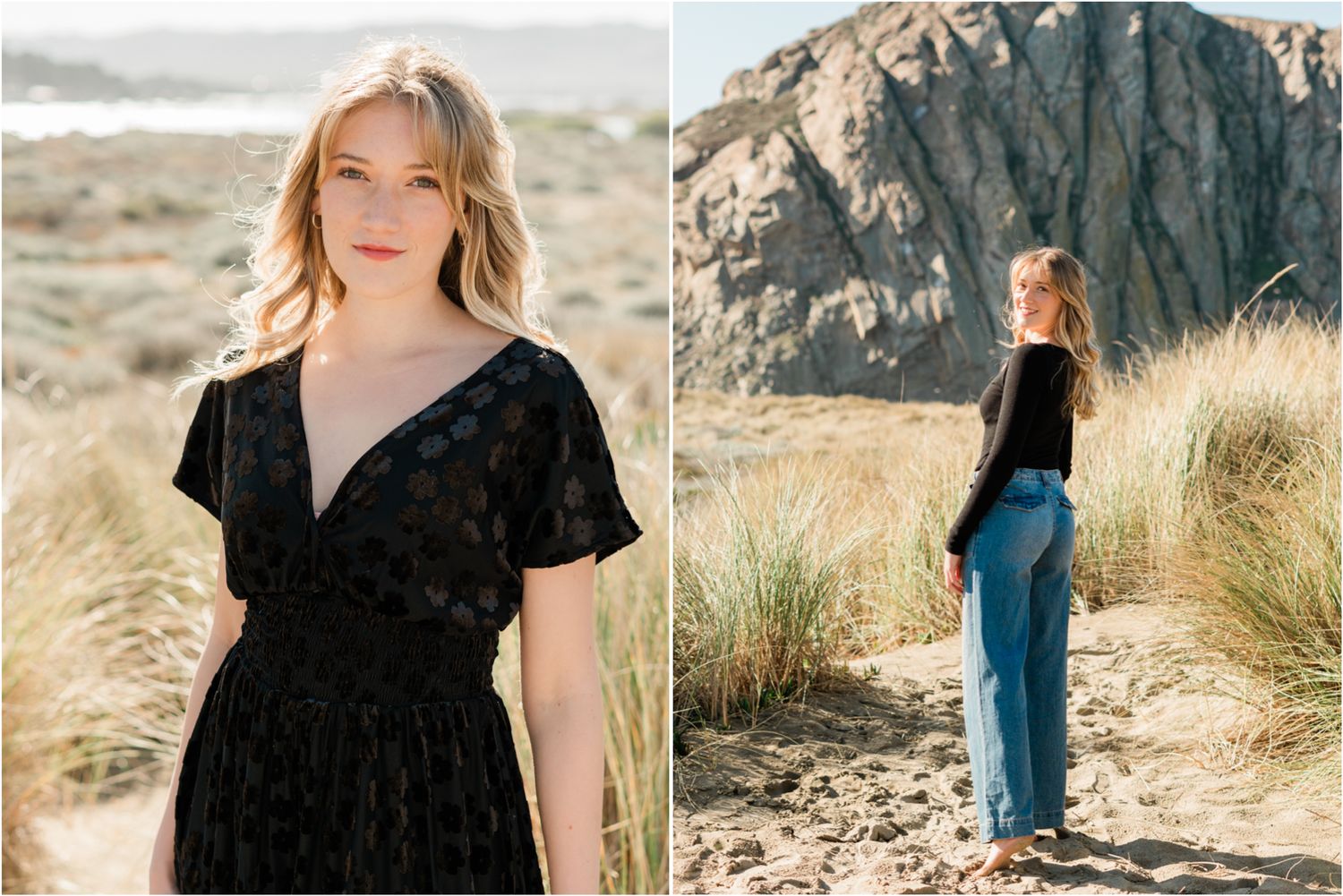 black dress on beach for senior photos in Morro Bay with cal poly senior. SLO high senior photographer | senior photographer