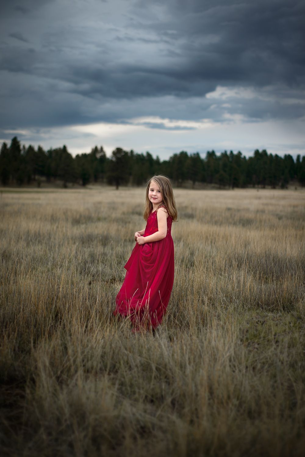 A person in a flowing red dress stands in a dramatic stormy field at dusk.