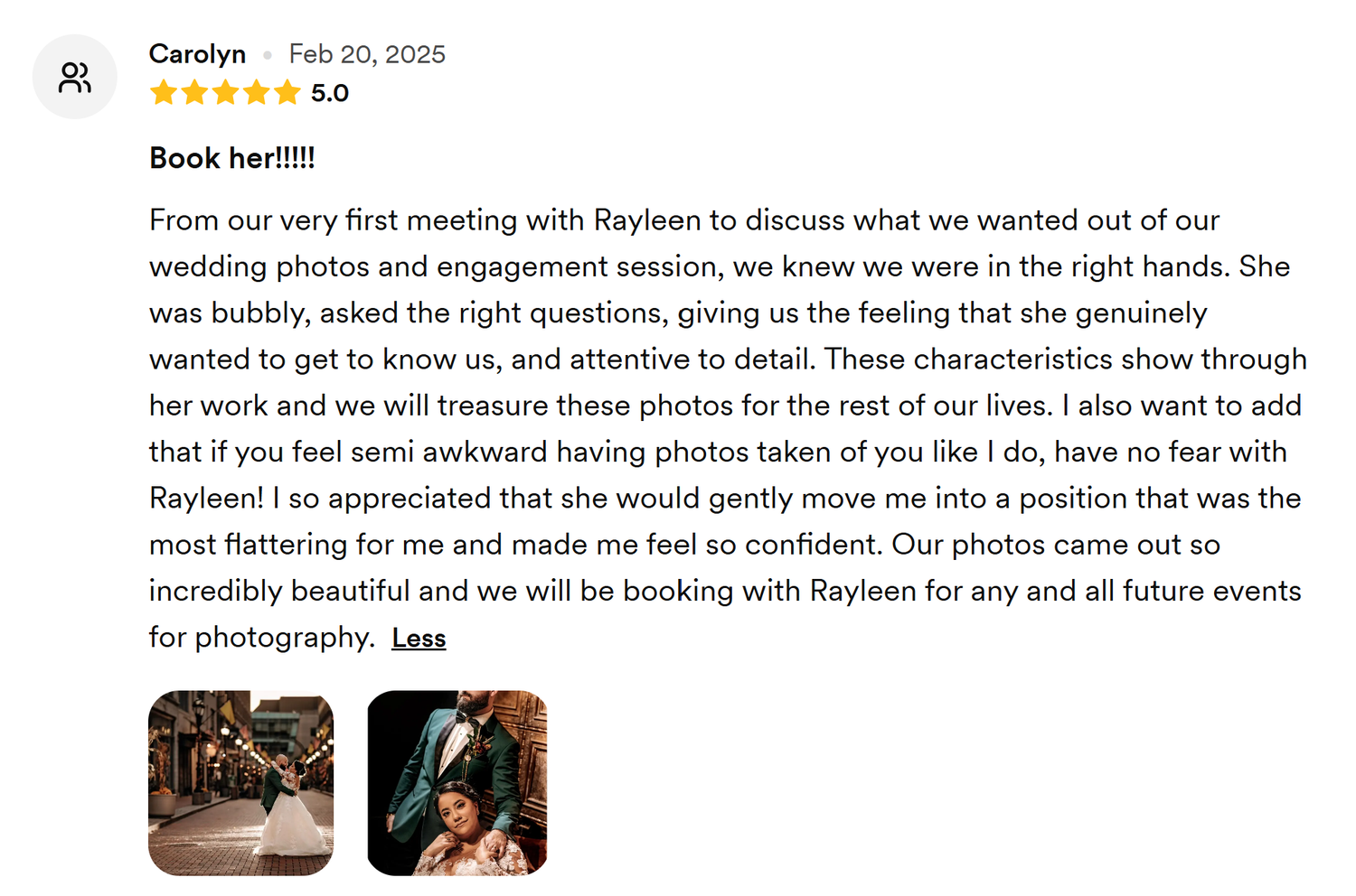 A glowing 5-star review praising a photographer's work with sample photos of an outdoor event and candid moments.