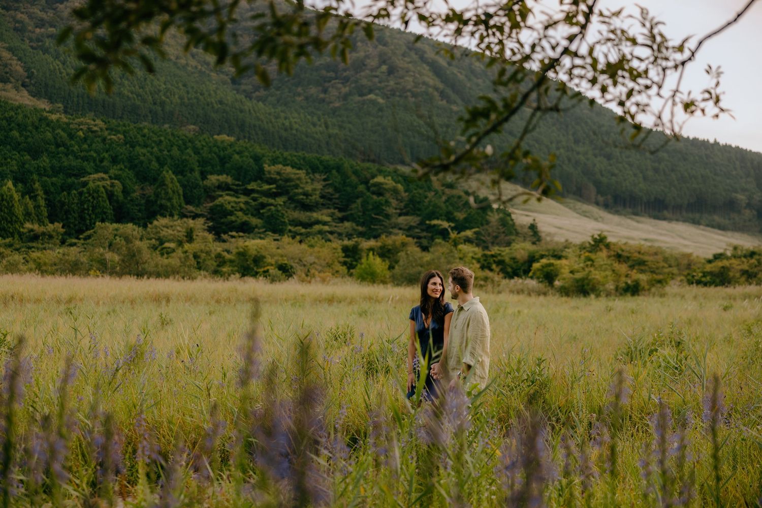 Proposal and Engagement photoshoot of couple surrounded by tall grass and mountains in the background at Hakone Botanical Gardens