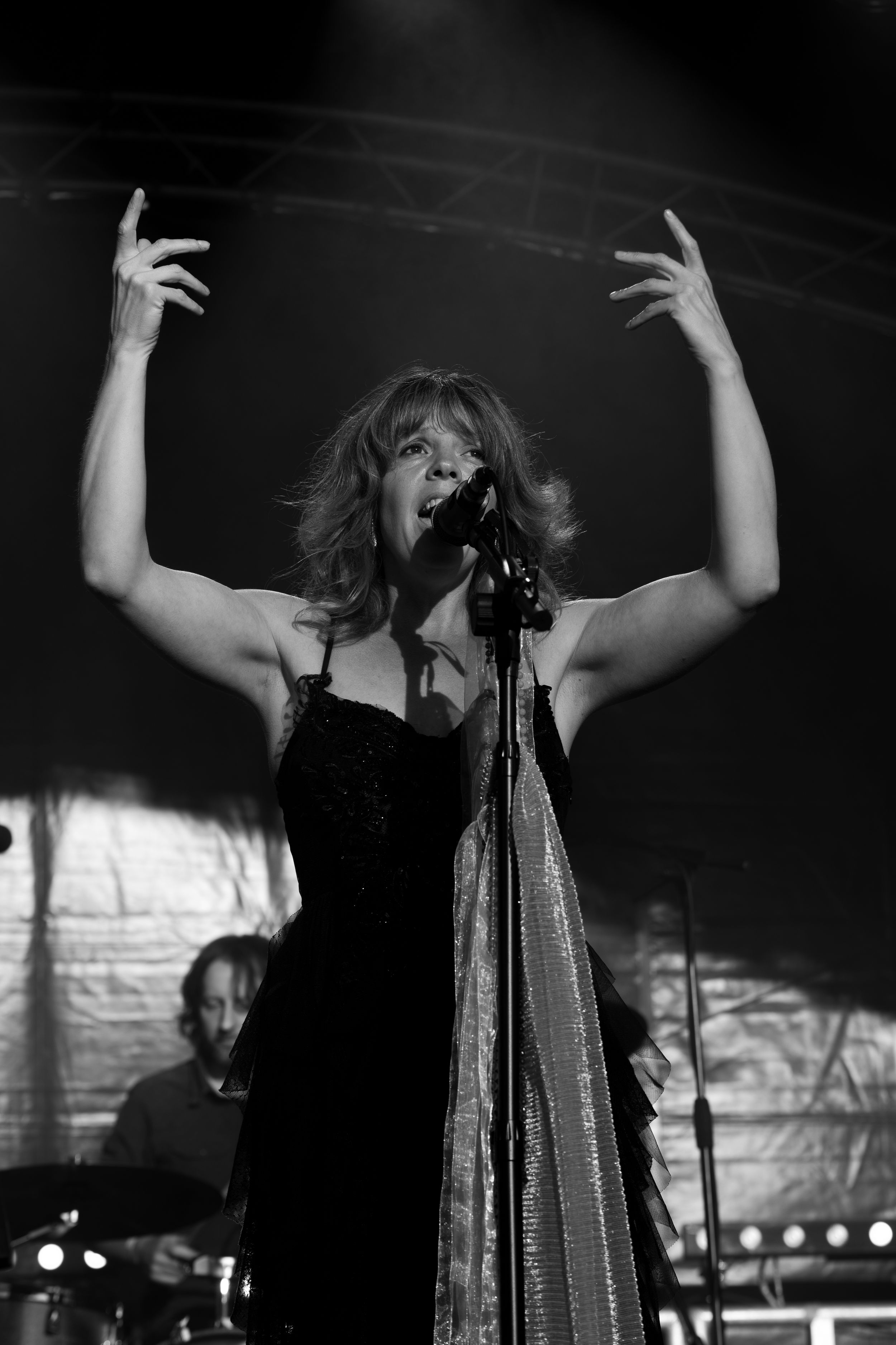 A performer in a sparkly dress sings passionately on stage with dramatic arm gestures during a concert performance.