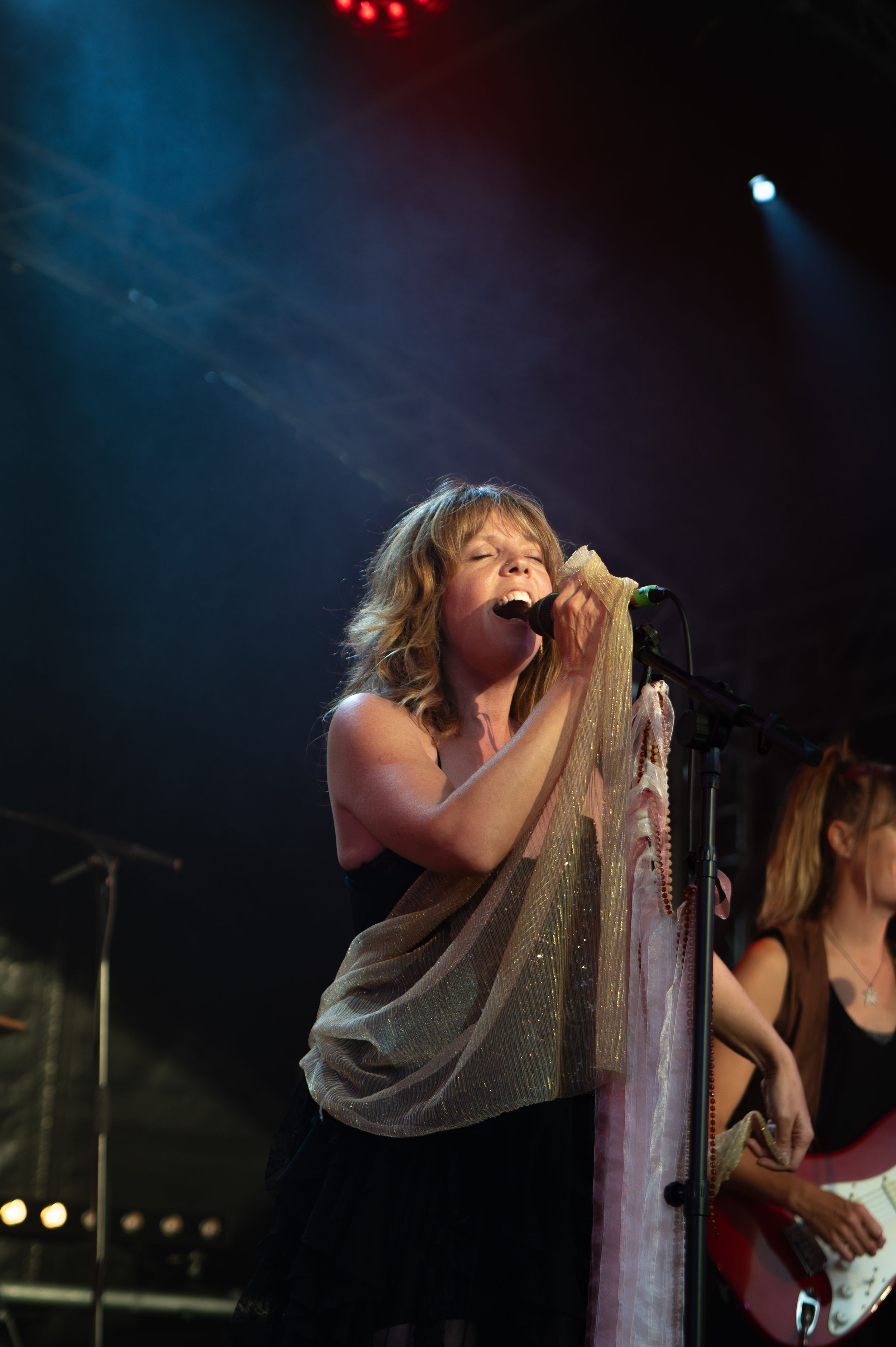 A performer sings passionately on stage in dramatic lighting during a live concert performance.