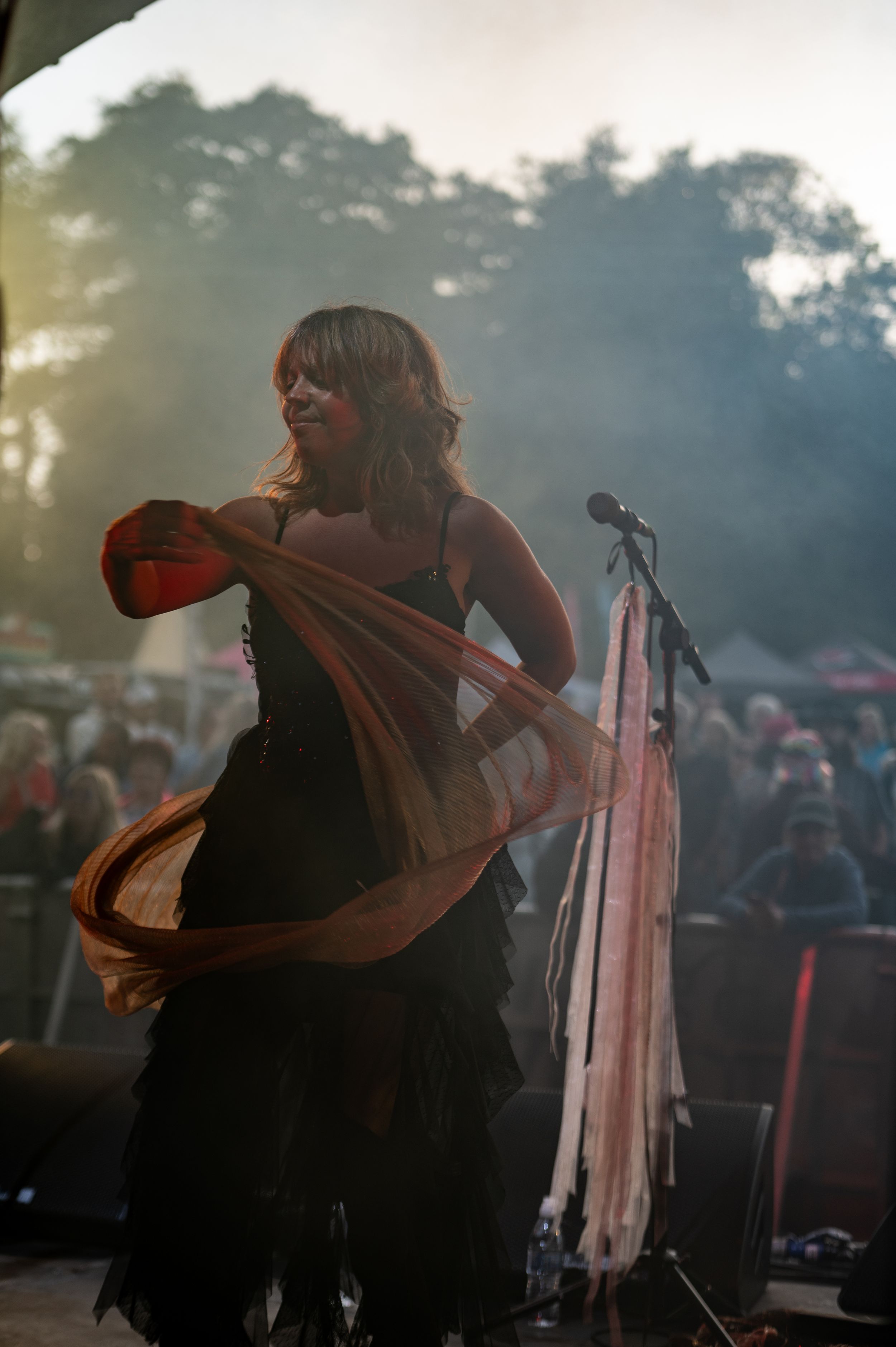 A silhouetted performer on stage is backlit by dramatic lighting while singing into a microphone during a concert performance.