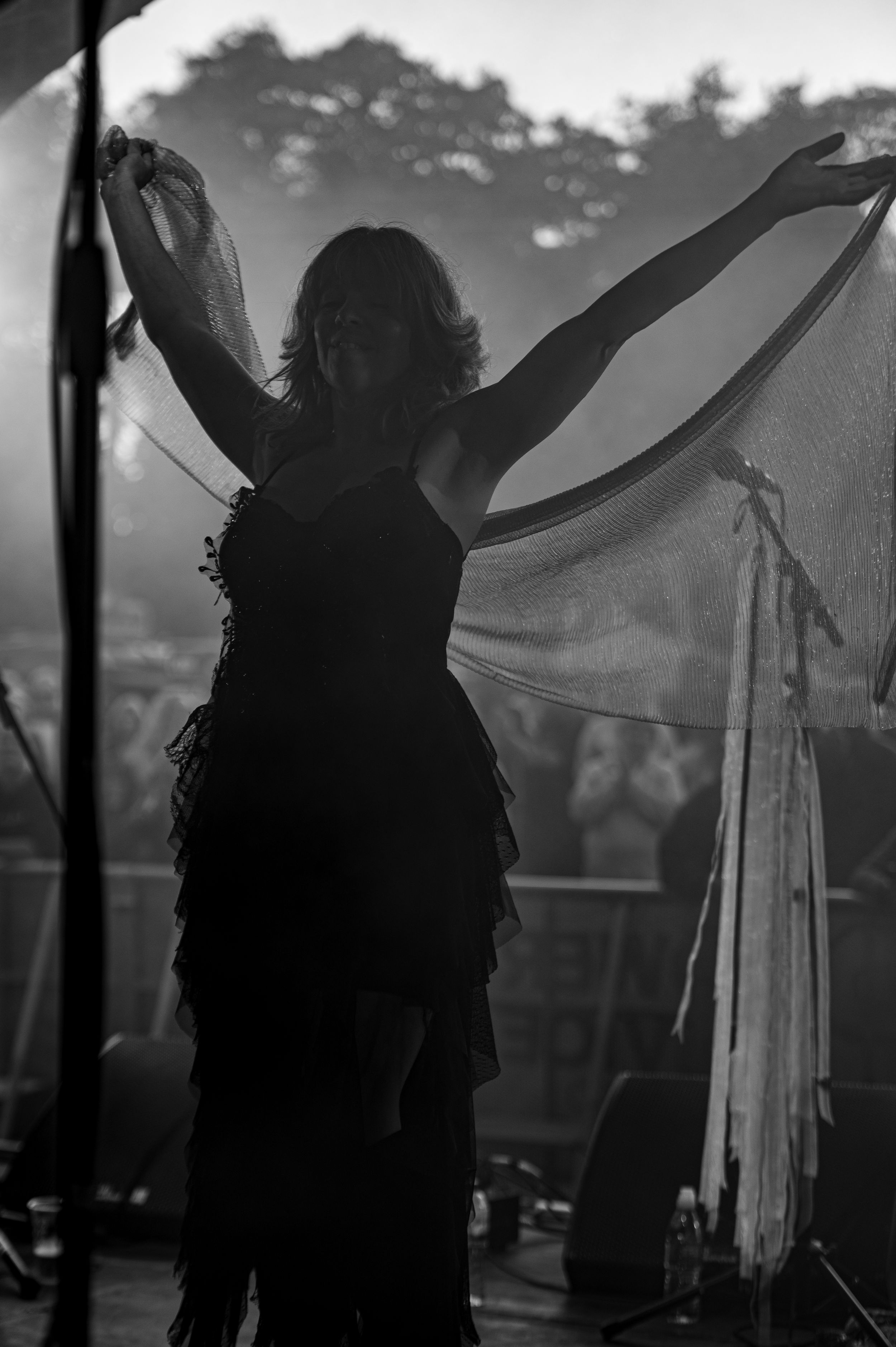 Silhouetted figure stands with raised arms against a misty outdoor background in black and white.