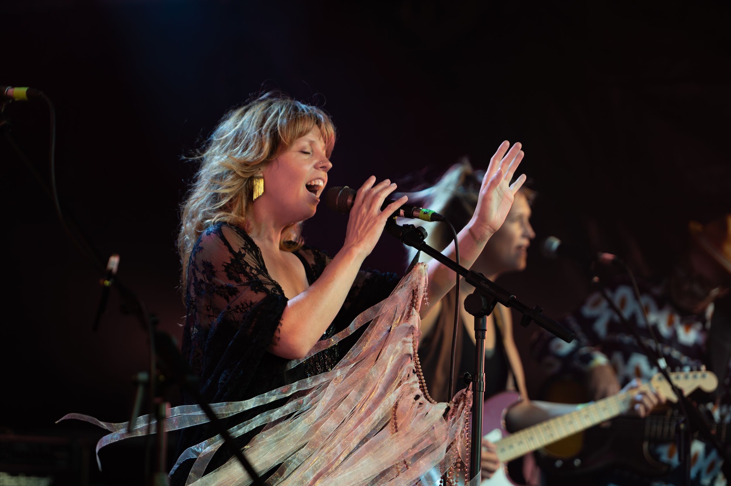 A performer sings passionately on stage with dramatic lighting and microphone during a live musical performance.