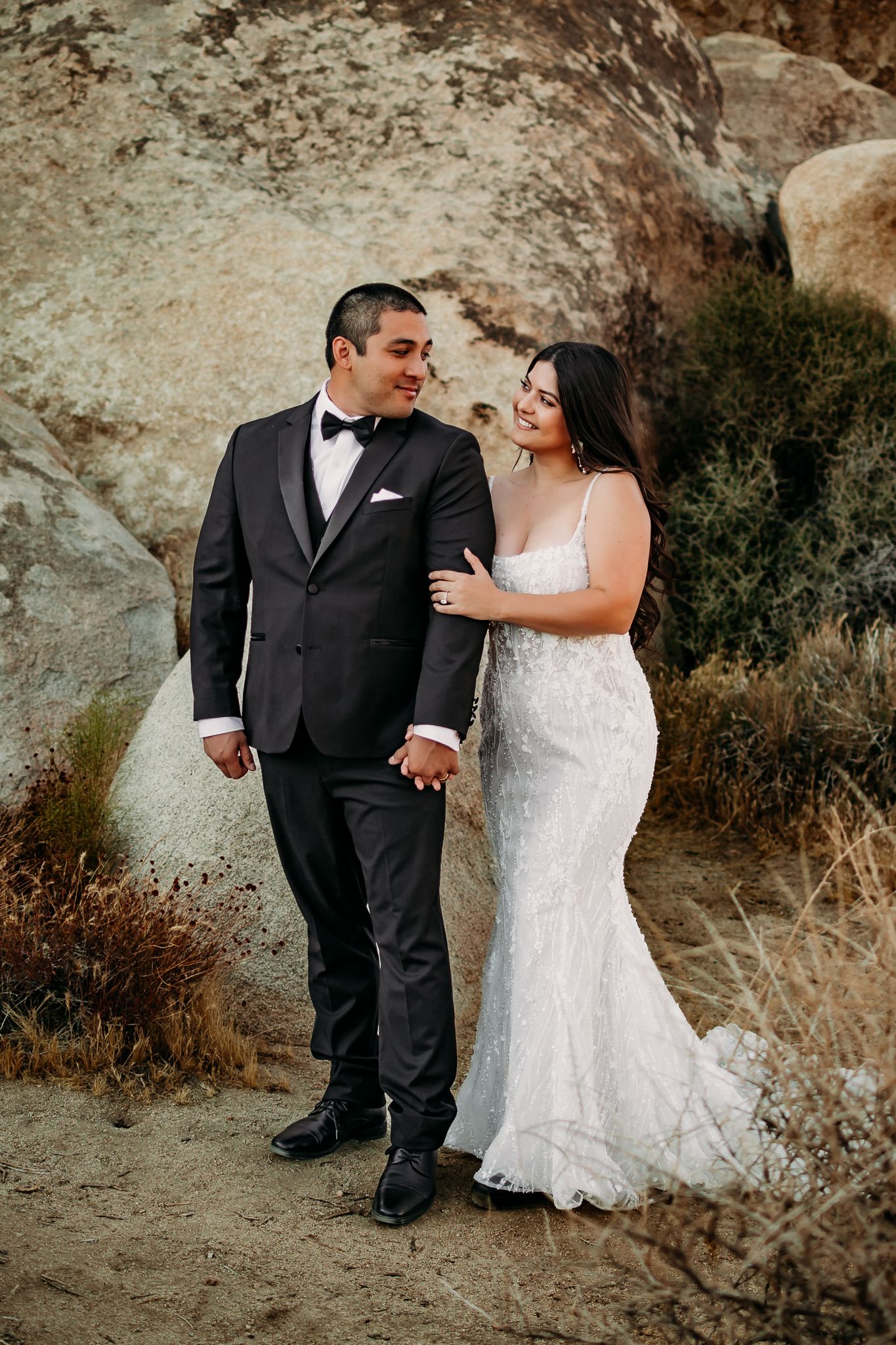 Elegant couple in formal wedding attire pose against rocky mountain backdrop.