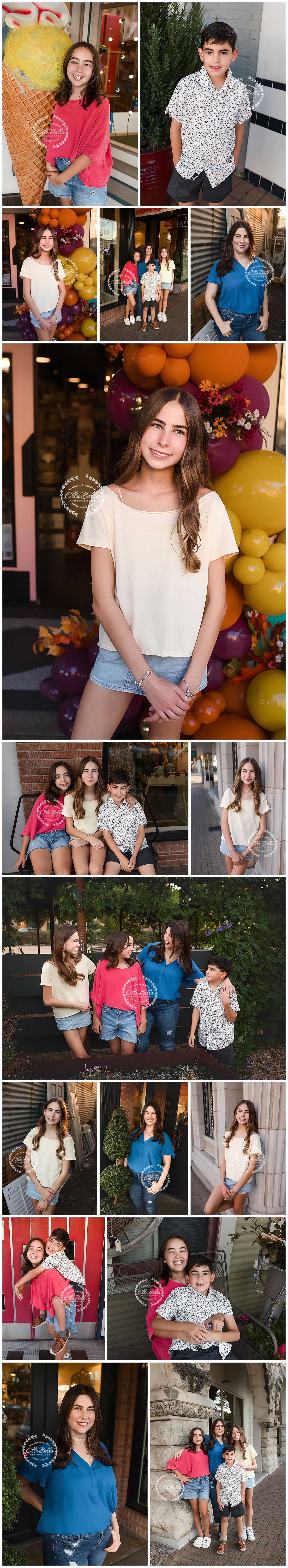 Collection of casual summer portraits with colorful balloon decorations and outdoor family shots in coordinated outfits.