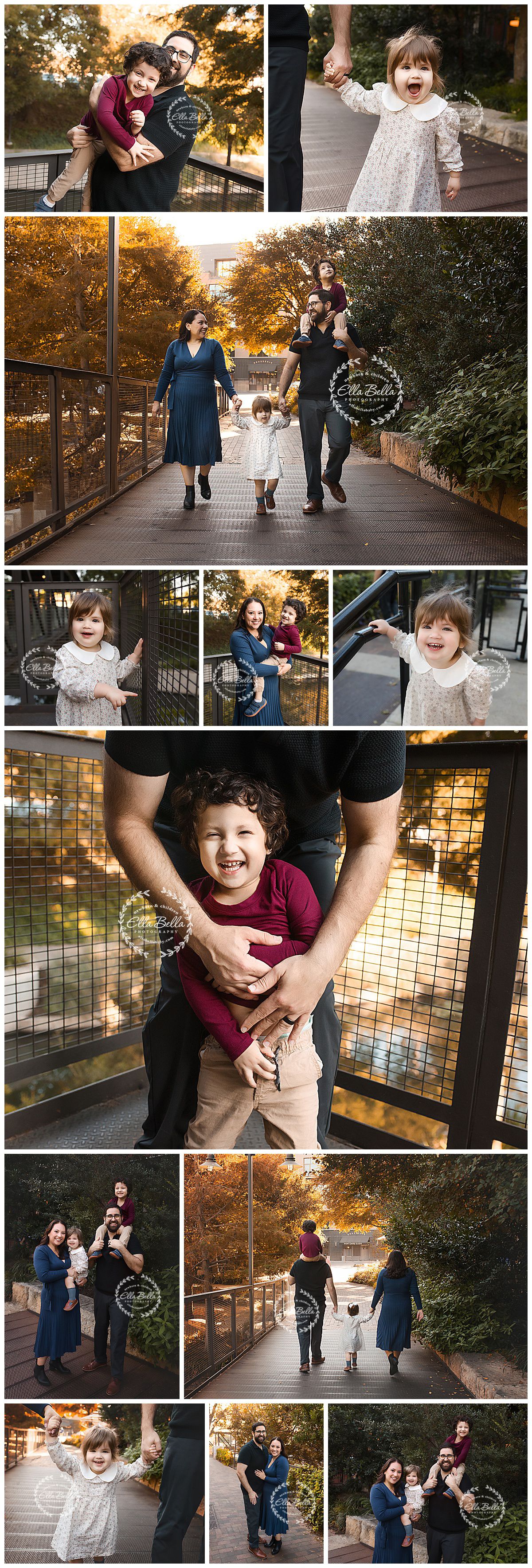 A playful family photoshoot on a wooden walkway during golden hour with autumn foliage in the background.