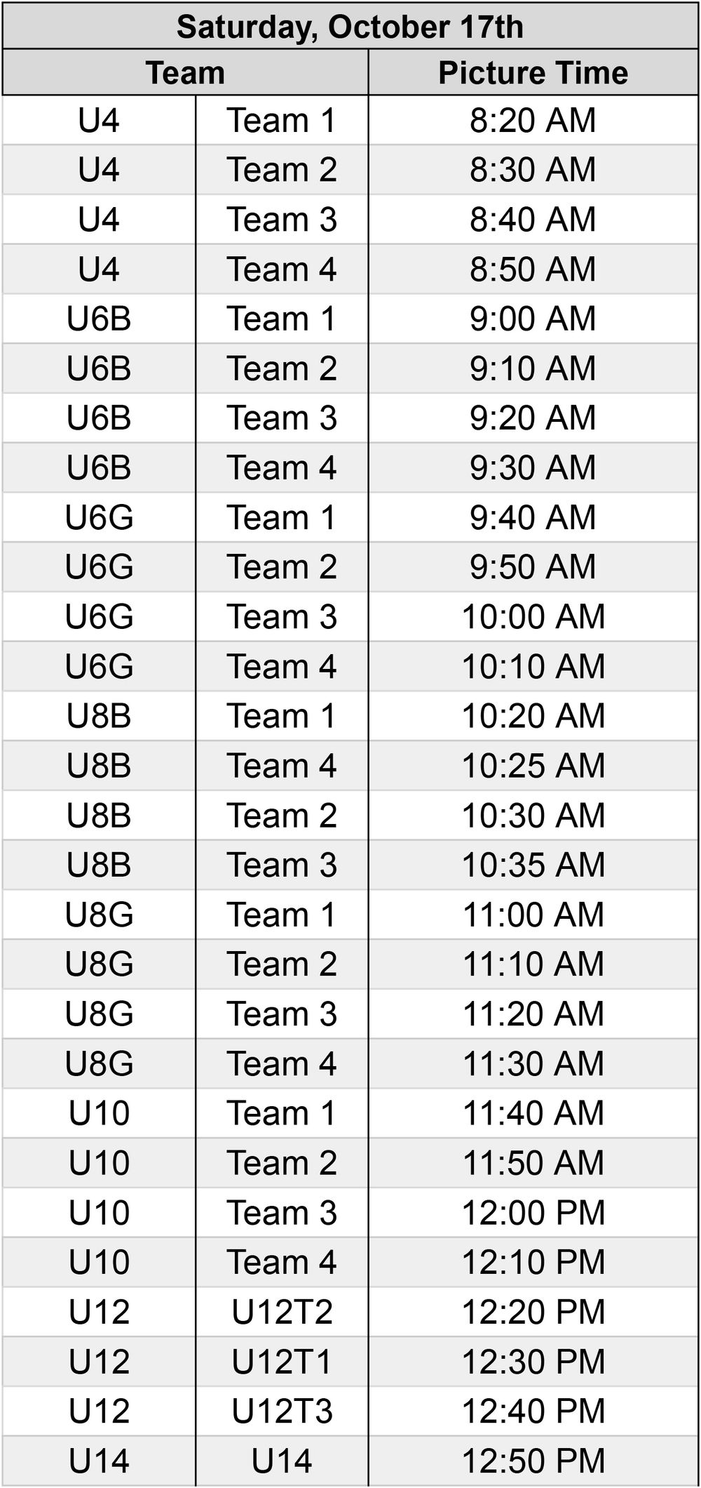 Team photo schedule for Tuesday October 7th showing youth sports teams.