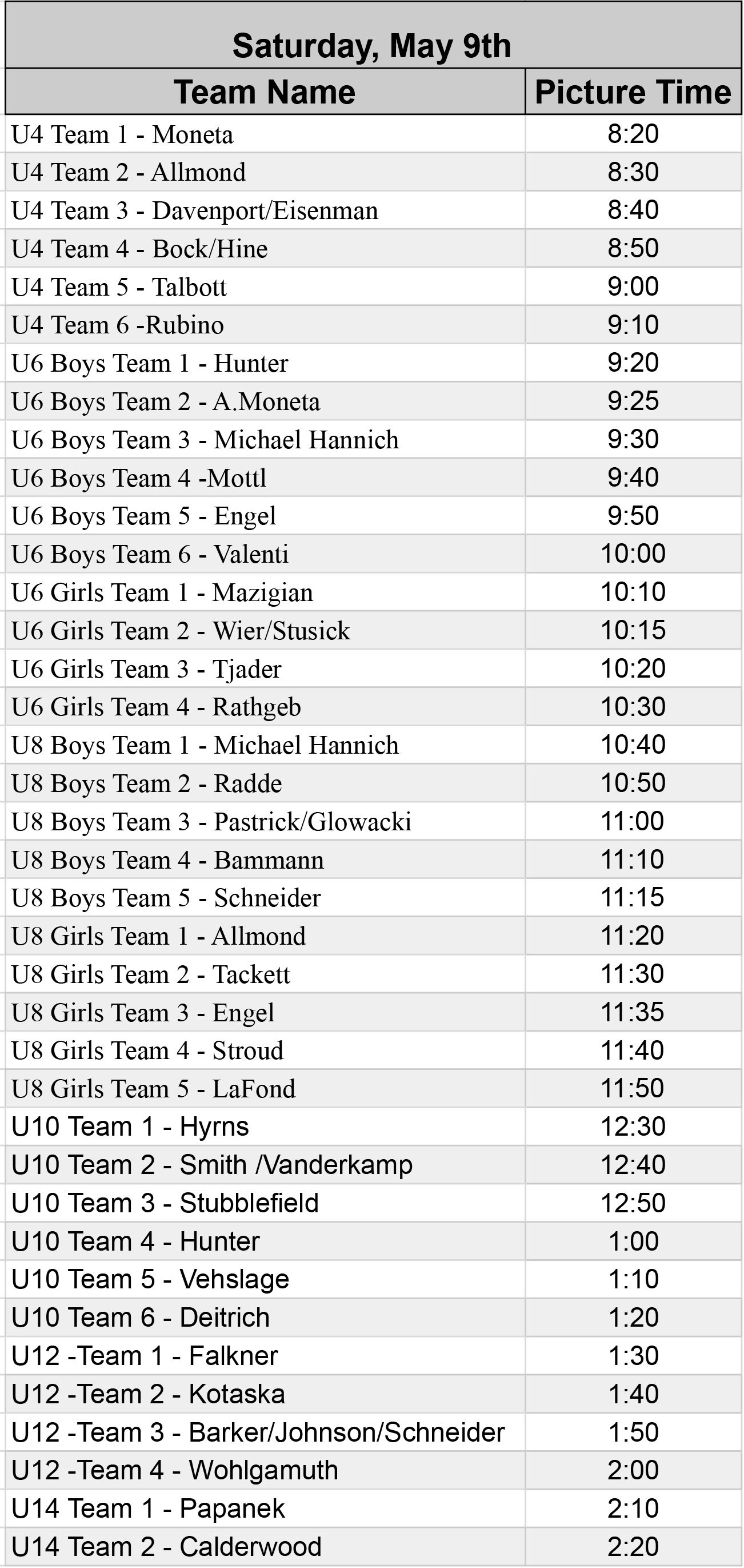 Team photo schedule for Tuesday October 7th showing youth sports teams.