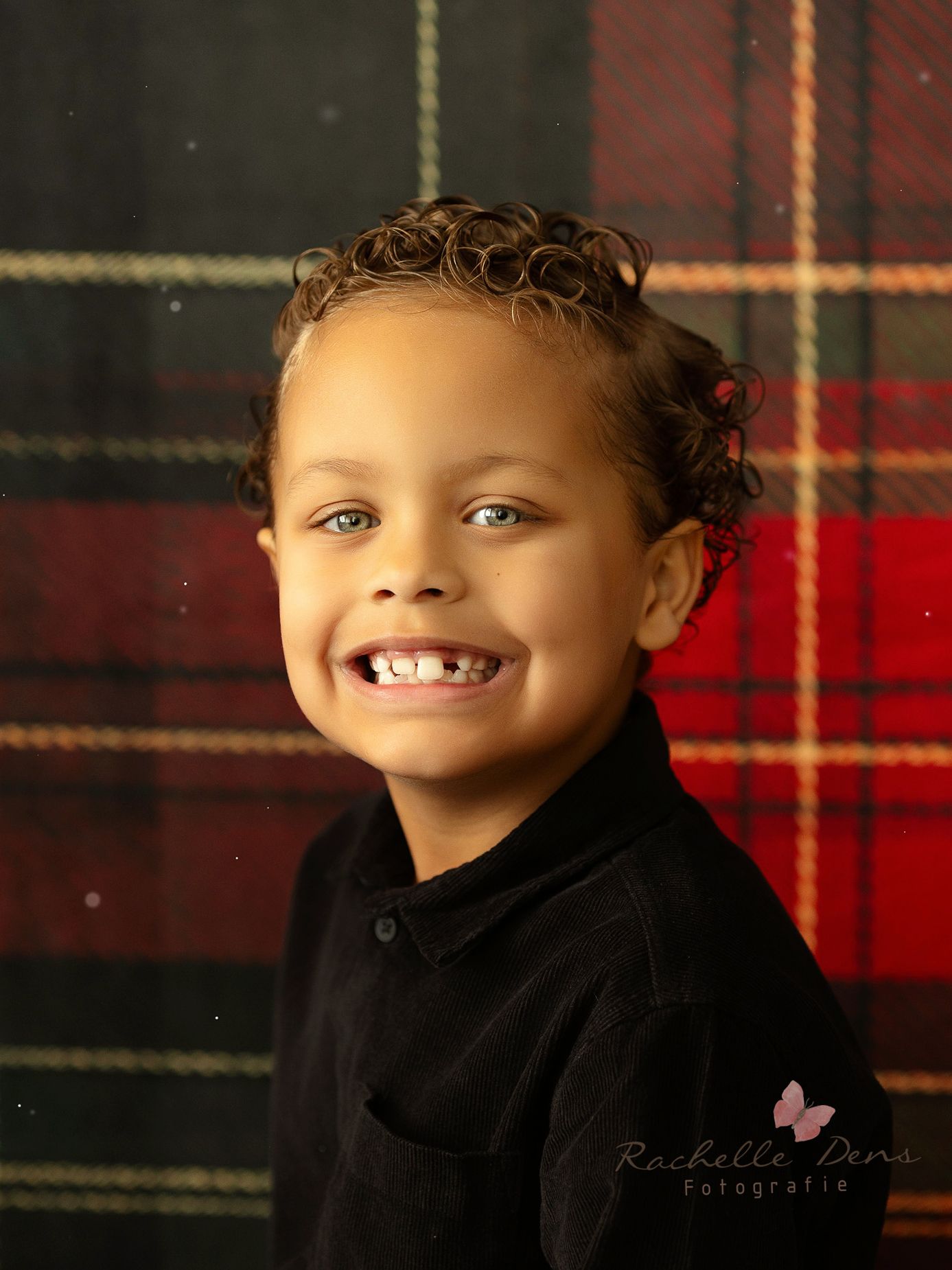 Four similar portraits showing warm smiles and close familial resemblance in a dark indoor setting.