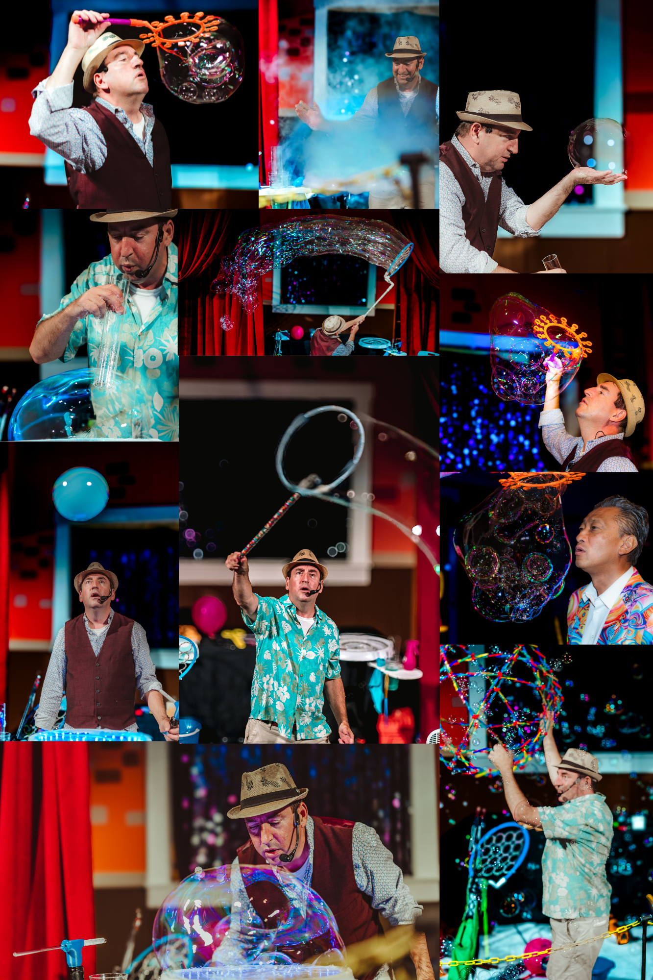 A collage of stage performance photos showing musicians and performers in colorful lighting at a live show.